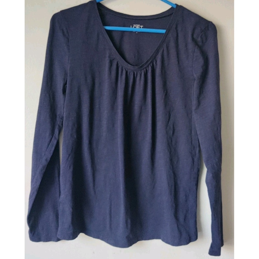 Loft Blouse Women's Navy Blue Long Sleeve Scoop‎ Neck 100% Cotton Size Medium